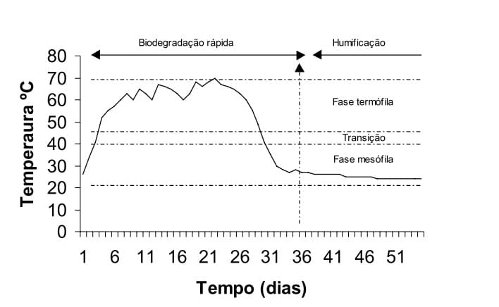 Gráfico mostrando a evolução da temperatura em uma leira de compostagem