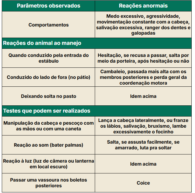 Tabela com sinais clínicos da doença vaca louca observada em bovinos