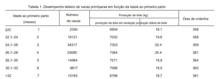 Tabela com o desempenho leiteiro de vacas primíparas em função da idade ao primeiro parto