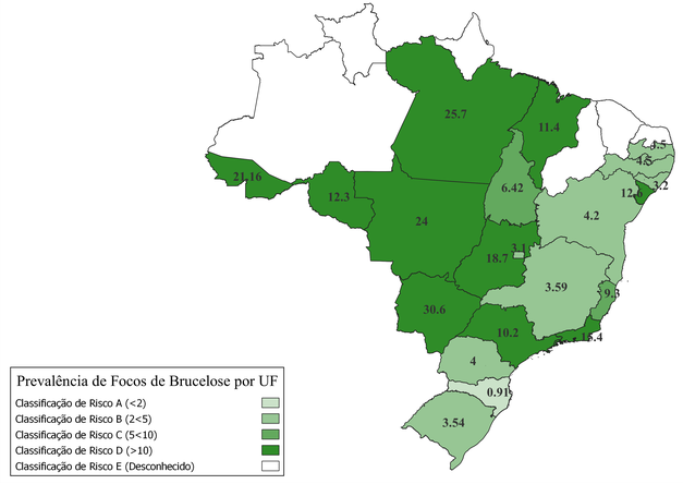 Mapa com prevalência do foco de brucelose em bovinos no Brasil