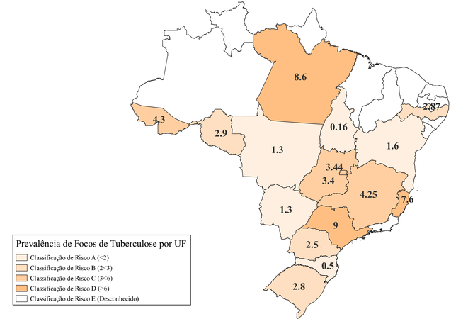 Mapa com prevalência do foco de tuberculose em bovinos no Brasil