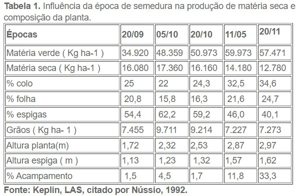 Tabela com a influência da época de semeadura na produção de matéria seca e composição da planta