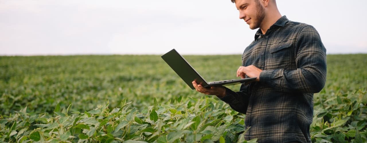 Homem no meio de uma lavoura de soja com um notebook