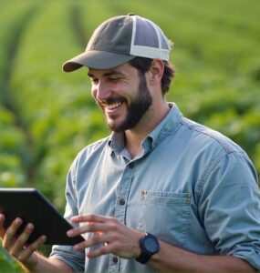Homem jovem no meio de uma lavoura segurando um dispositivo eletrônico