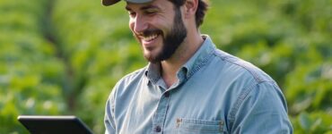 Homem jovem no meio de uma lavoura segurando um dispositivo eletrônico