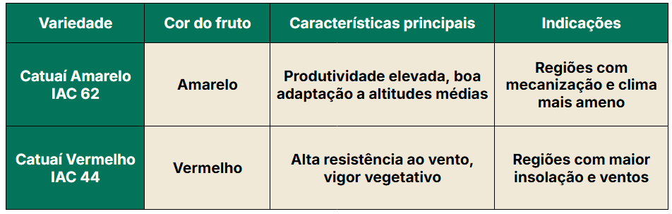 Tabela com variedades do café Catuaí