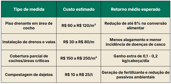 Tabela com custos estimados e retorno esperado do investimento em melhorias no confinamento