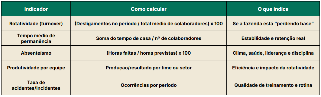 Tabela com indicadores de gestão de pessoas