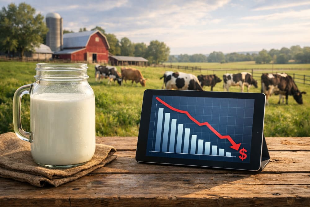Imagem com uma ilustração de um gráfico representando queda no preço do leite