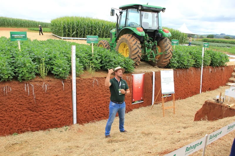 Compactação do solo sendo explicada em evento do Rehagro Pesquisa