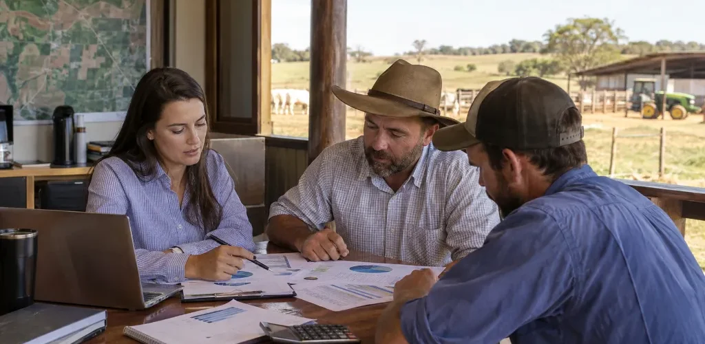 Três pessoas analisando documentos em uma fazenda