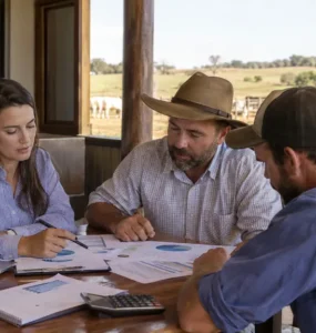Três pessoas analisando documentos em uma fazenda