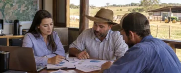 Três pessoas analisando documentos em uma fazenda