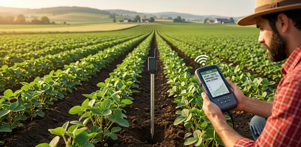 Homem utilizando sensor para diagnóstico do solo